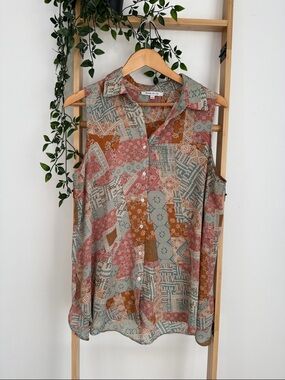 Rose and Olive Sleeveless Patchwork Print Button-Up Top - Rust Pink Sage Size L